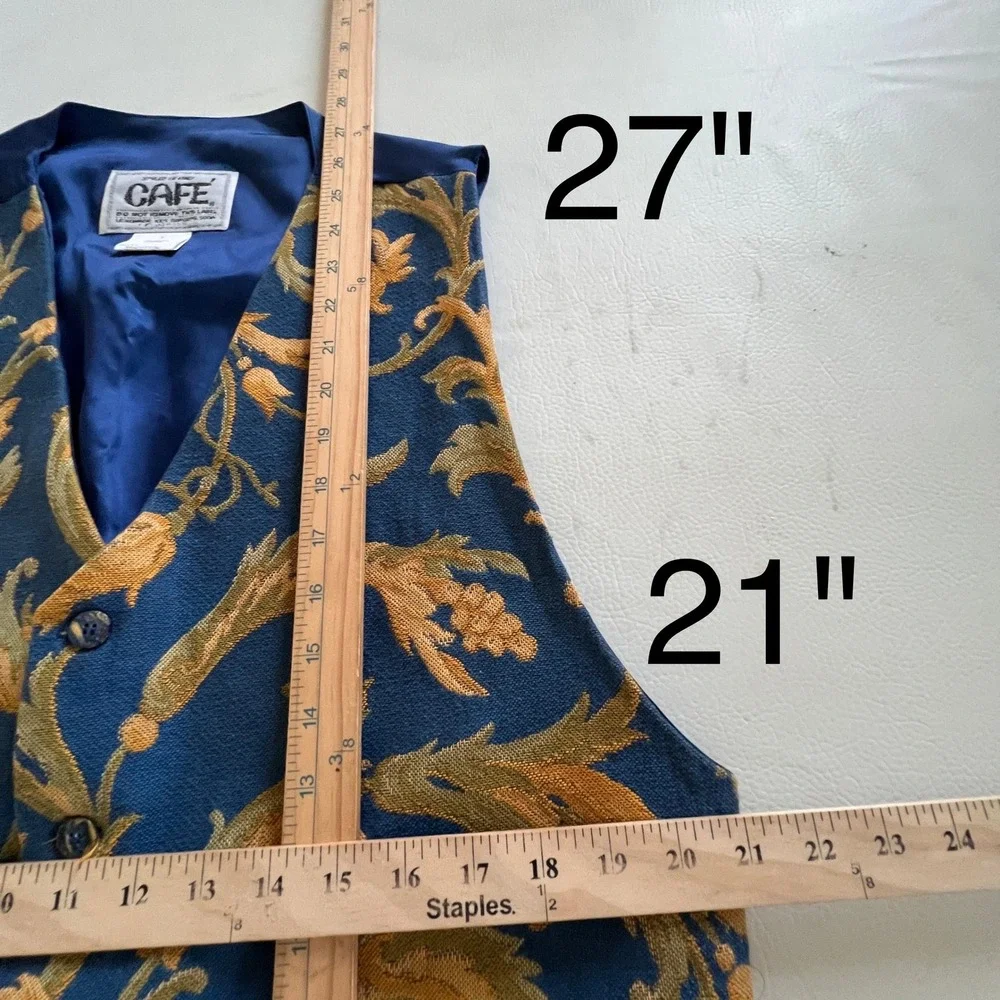 Cafe Vest Men Size 3 Blue Gold Tapestry Floral Damask Vintage Waistcoat USA Made